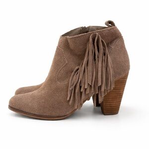 Steve Madden Brown Suede Leather Fringe Western Booties Chunky Heel 8.5 side zip